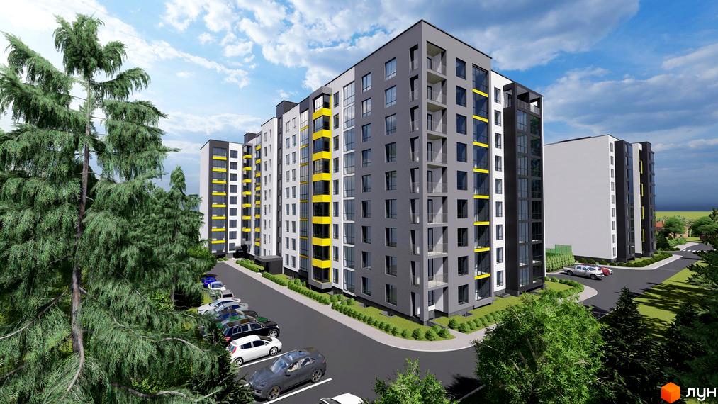 Багатоповерховий будинок Житловий комплекс Нові Байківці з парковкою та зеленими насадженнями. Фасад будівлі сірого кольору з жовтими акцентами.