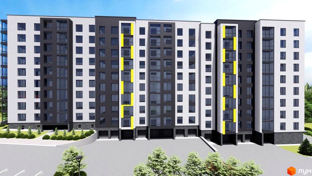 Багатоповерховий будинок з білими та темно-сірими фасадами, жовтими акцентами та великими вікнами. На передньому плані зелені насадження та парковка.