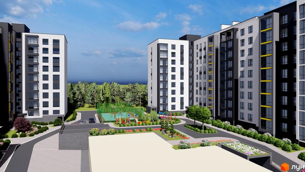 Житловий комплекс Нові Байківці з білими багатоповерховими будинками, чорними вставками та великими вікнами. На території є дитячий майданчик та зелені насадження.