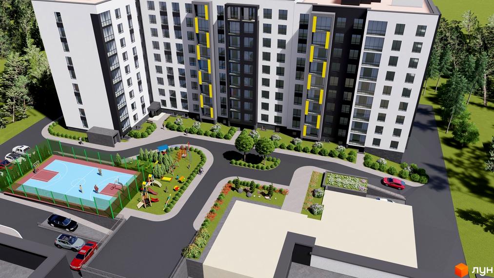 Висотна новобудова ЖК Нові Байківці з фасадом у світлих тонах та великими вікнами. На території комплексу є дитячий майданчик, спортивний майданчик та парковка.