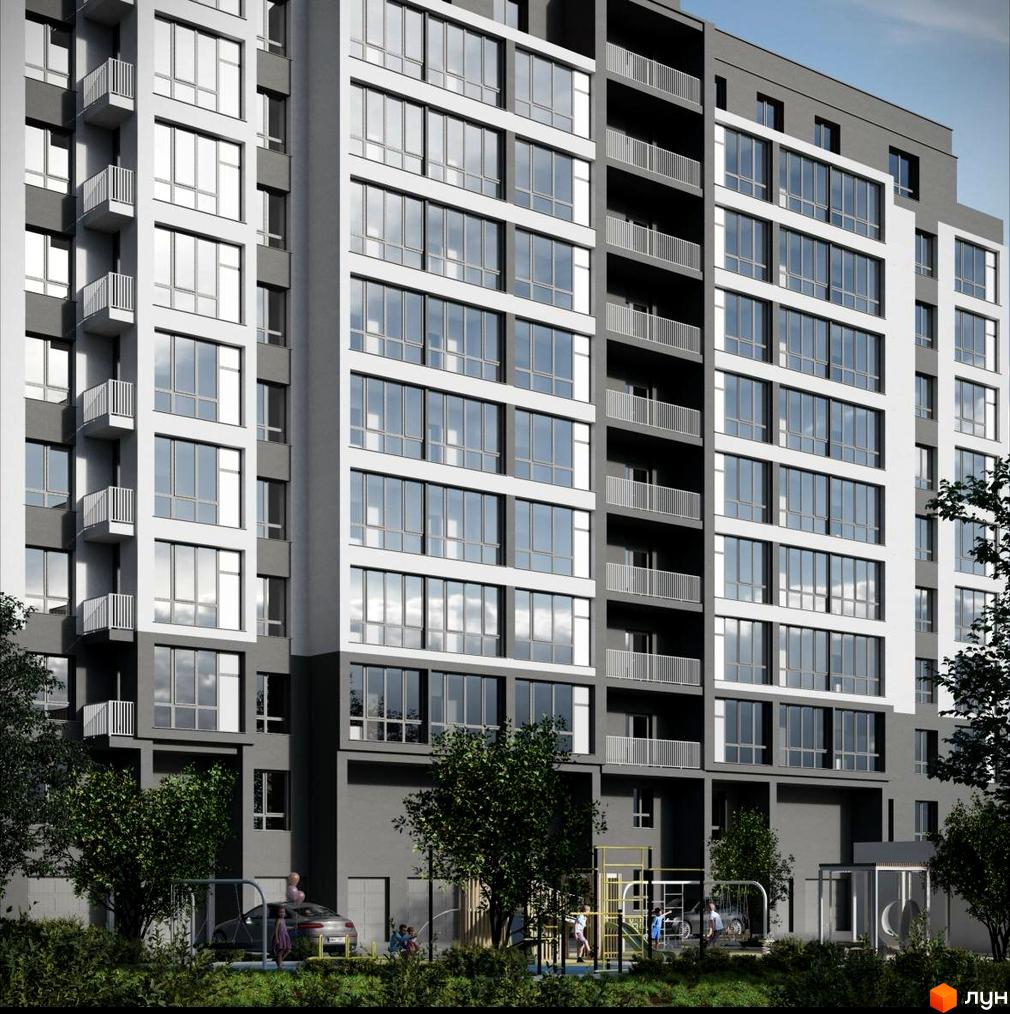 Житловий комплекс Автобіографія 3: будинок з сіро-білим фасадом, вікнами та балконами. На території є дитячий майданчик та зелень.