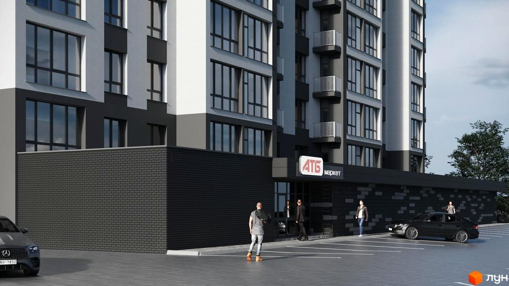 Багатоповерховий будинок Житлового комплексу Автобіографія 3 з сіро-білим фасадом та великими вікнами. На першому поверсі магазин, поруч парковка.