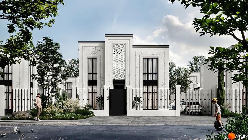 Білосніжний будинок з панорамними вікнами та кованим парканом. На території Містечко котеджів КМ МАЄТОК зелені насадження та доріжки.