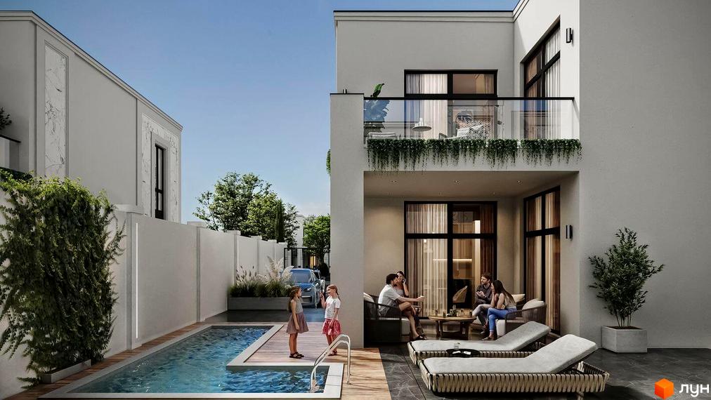 Будинок Котеджне містечко МАЄТОК зі світлими фасадами, великими вікнами та балконом. На території є басейн та зона відпочинку.