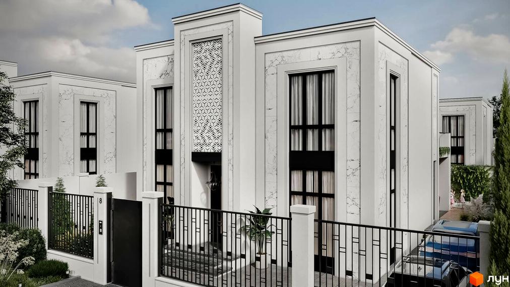 Фасад будинку Котеджне містечко МАЄТОК з білого мармуру з великими вікнами та чорними рамами. Перед будинком ковані ворота та доріжка.