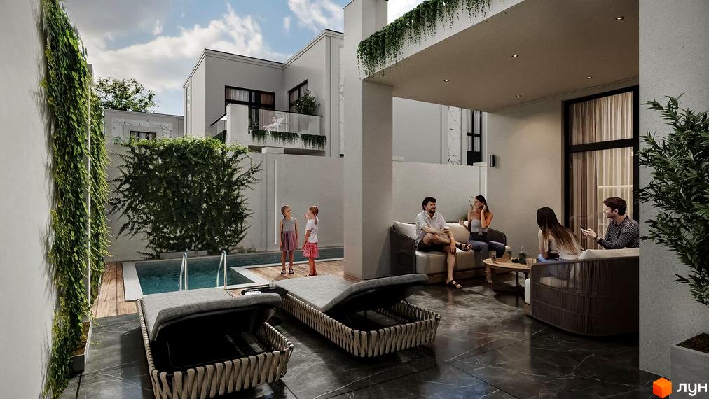 Зображення сторінки житлового комплексу КМ МАЄТОК. Білі будинки з терасами, басейном та зоною відпочинку. На території є зелені насадження та місця для відпочинку.