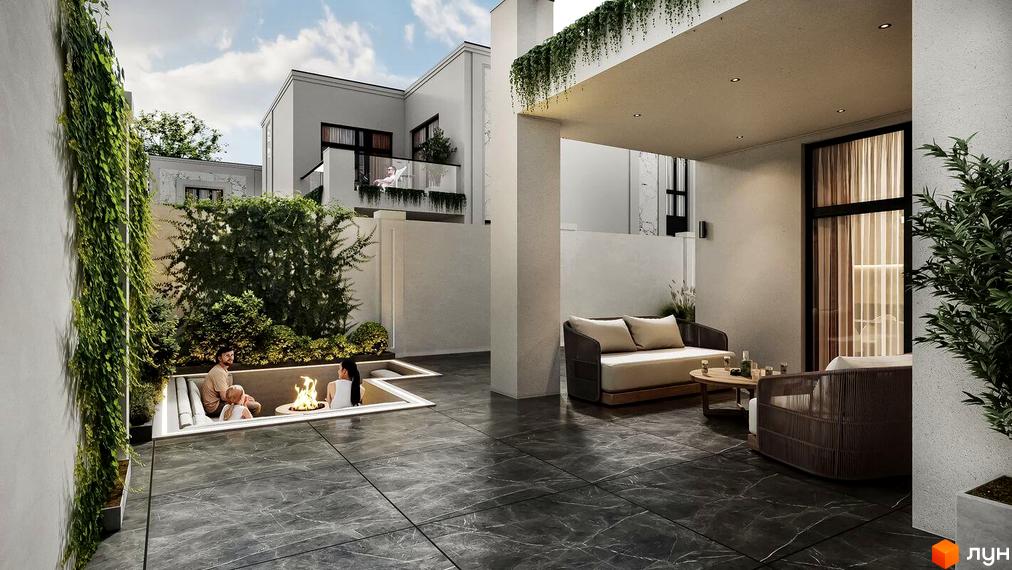 Будинки Котеджного містечка МАЄТОК мають світлі фасади та великі вікна. На прибудинковій території розташовані зони відпочинку, зелені насадження та вимощена плиткою тераса.