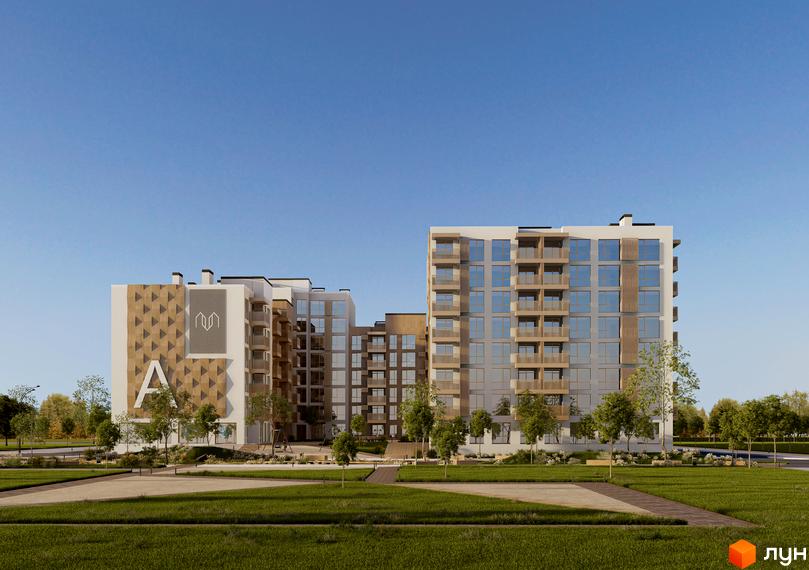 Високоповерховий будинок ЖК AUROOM DISTRICT з великими вікнами та балконами. На території комплексу зелені газони та дерева.