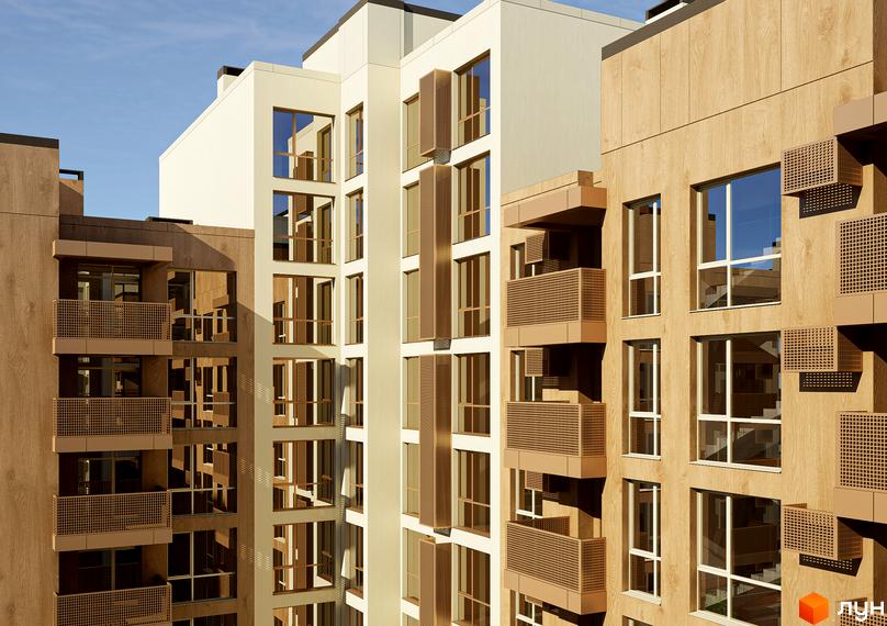 Високоповерховий будинок ЖК AUROOM DISTRICT з панорамними вікнами та балконами, оздоблений деревом. Архітектура житлового комплексу гармонійно поєднується з навколишнім середовищем.