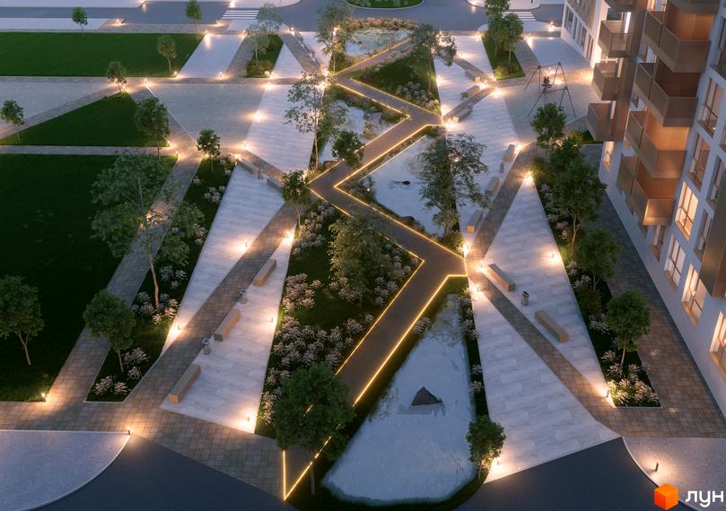 Зображення сторінки ЖК AUROOM DISTRICT. Архітектура житлового комплексу з сучасним дизайном, простора прибудинкова територія з озелененням, лавками та освітленням.