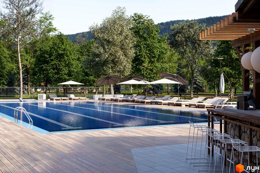 Апарт-комплекс Крайобраз: великий відкритий басейн з дерев'яною терасою, шезлонгами та парасольками серед зелених насаджень.