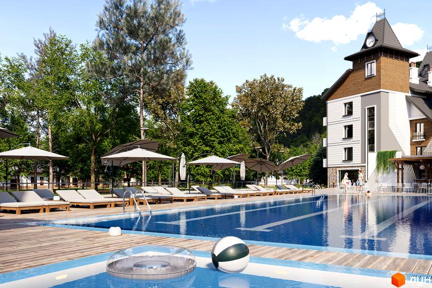 Апарт-комплекс Крайобраз: басейн з шезлонгами та будівля з годинником. Житловий комплекс розташований серед дерев та зелені.