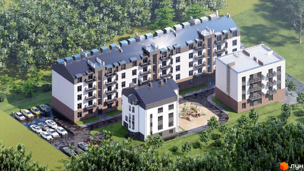 Житловий комплекс Давидів-Сіті з сучасними фасадами та балконами, оточений зеленню та з парковкою.