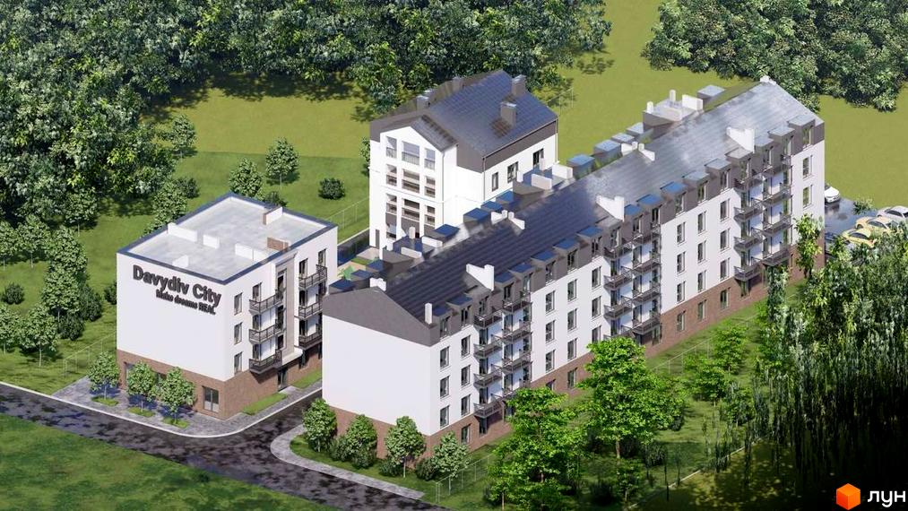 Зовнішній вигляд житлового комплексу Davydiv City з білими фасадами, балконами та сірим дахом, оточений зеленою територією з деревами.