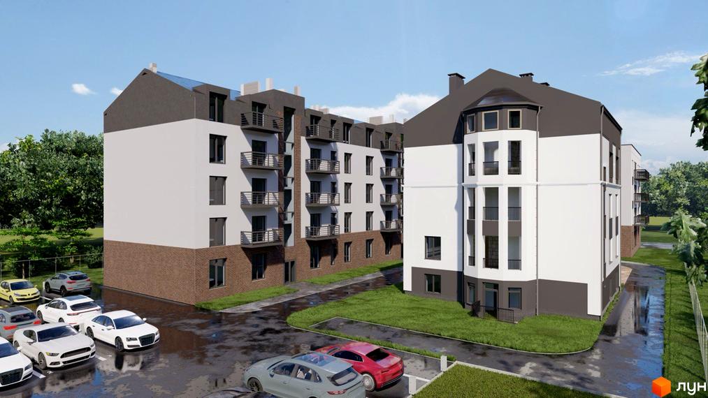 Зовнішній вигляд новобудови ЖК Давидів-Сіті з балконами та парковкою. Навколо будинку зелена зона та дерева.