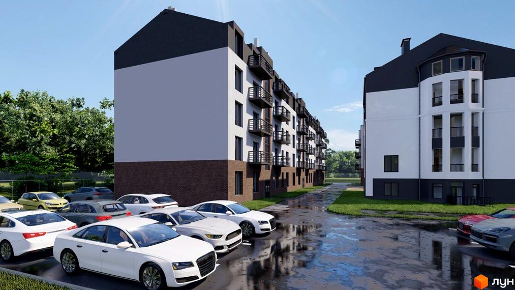 Зовнішній вигляд новобудови ЖК Давидів-Сіті з фасадом білого та сірого кольорів, балконами та парковкою з автомобілями.