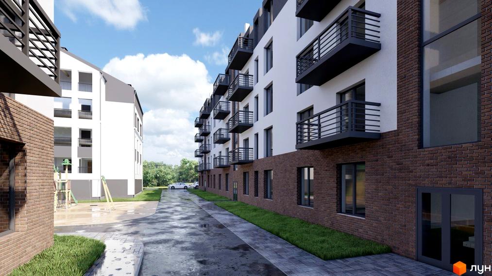 Житловий комплекс Давидів-Сіті: фасади будинків з балконами та цегляною обробкою, прибудинкова територія з дитячим майданчиком та парковкою.