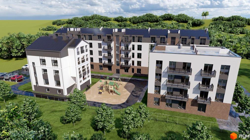 Житловий комплекс Давидів-Сіті. Зовнішній вигляд будинків з балконами та дитячим майданчиком на прибудинковій території.