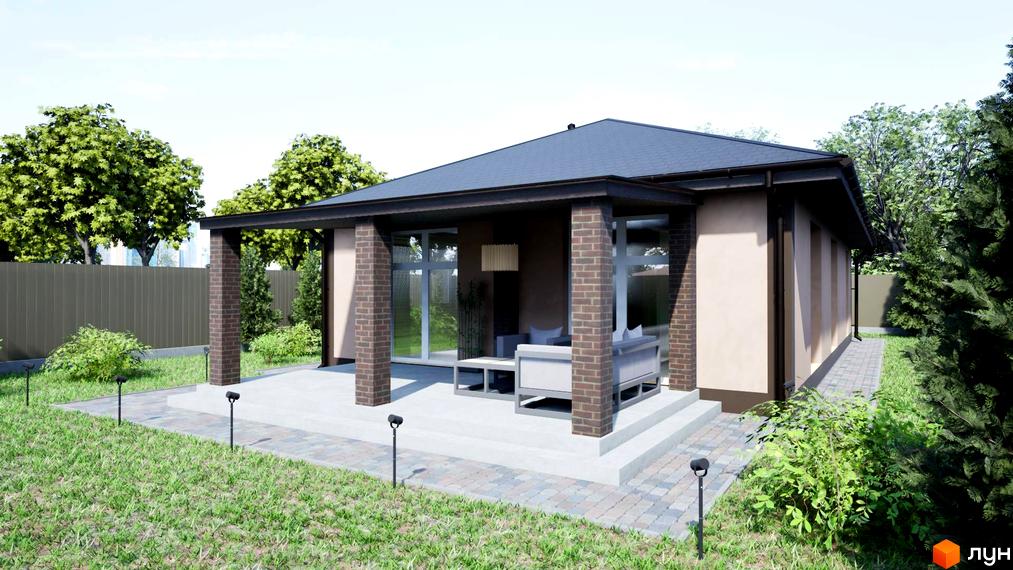 Одноповерховий будинок з темно-коричневим дахом та цегляними колонами. На території газон, доріжки з бруківки та кущі.