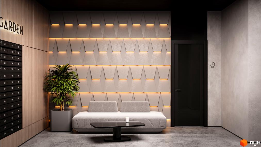 Інтер'єр лобі житлового комплексу SKYGARDEN з диваном, рослиною та поштовими скриньками. Сучасний дизайн стін з підсвіткою.