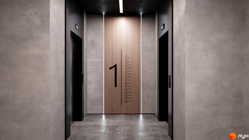 Вхідна група житлового комплексу SKYGARDEN з двома ліфтами та нумерацією поверхів на дерев'яній панелі.