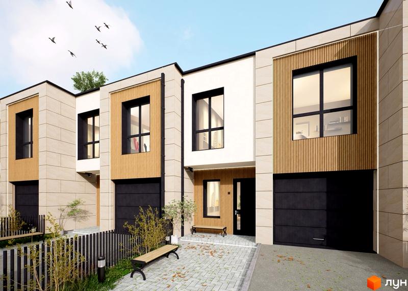 Ряд таунхаусів Таунхауси „Преміум“ з бежевими фасадами, чорними вікнами та дерев'яними елементами. Прибудинкова територія має бруківку, лавки та зелені насадження.