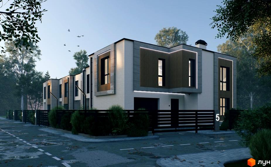 Зображення сторінки житлового комплексу. На фото зображено ряд двоповерхових будинків з білими фасадами та дерев'яними вставками, перед будинками розташована зелена зона та дорога.