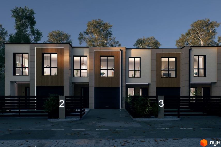 Зображення фасаду Таунхаусів Преміум: ряд будинків зі світлими стінами, темними вікнами та гаражами. Прибудинкова територія має доріжки та огорожі.