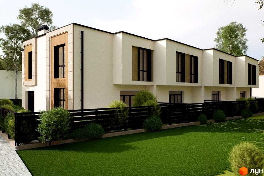 Ряд таунхаусів „Преміум“ з світлими фасадами, чорними вікнами та дерев'яними вставками. Перед будинками зелений газон, чорний паркан та декоративні кущі.