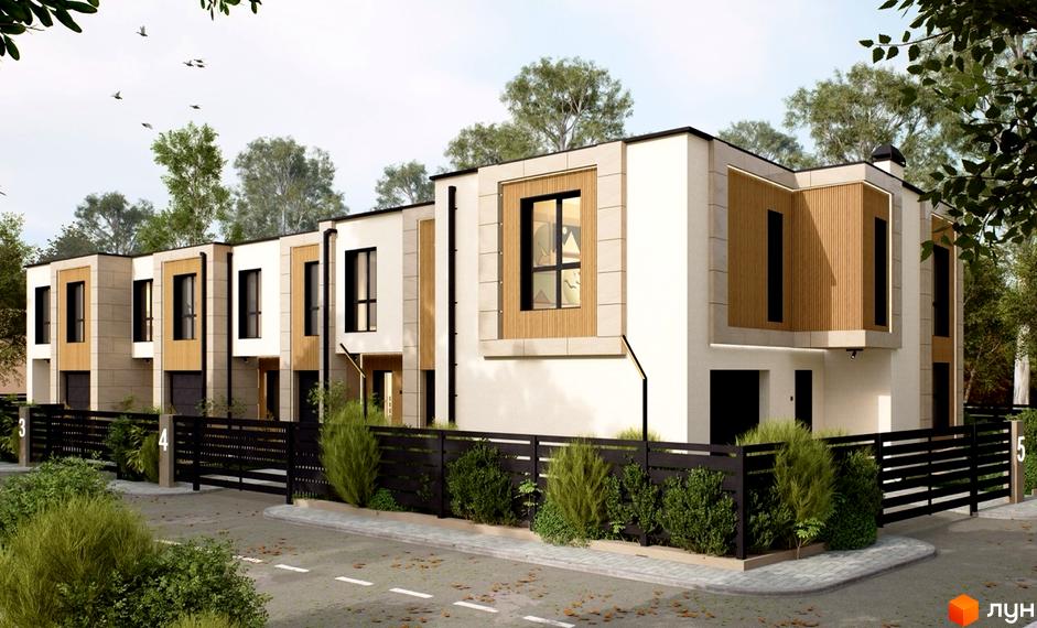 Ряд таунхаусів з бежевими фасадами, чорними вікнами та дерев'яними вставками. Перед будинками розташовані чорні огорожі та зелені насадження вздовж дороги.