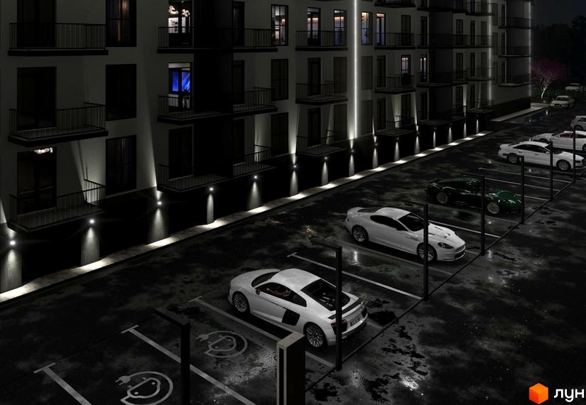 Зображення сторінки ЖК Home. Багатоквартирний будинок з балконами та підсвічуванням, поруч парковка з електрозарядками для авто.