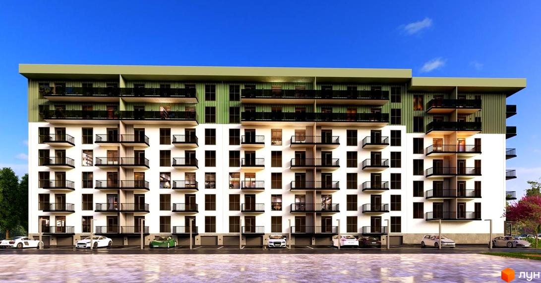 Житловий комплекс Home з білим фасадом на нижніх поверхах та зеленим на верхніх, має багато балконів. Перед будинком розташований паркінг з автомобілями.