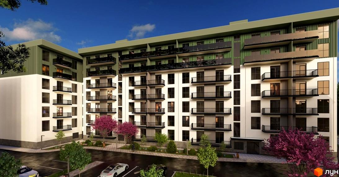 Зображення фасаду багатоповерхового будинку ЖК Home з балконами та прибудинковою територією з деревами та автомобілями.