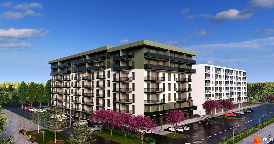 Багатоповерховий Житловий комплекс Home з біло-зеленим фасадом та темними балконами. Прибудинкова територія має парковку, зелені зони та пішохідні доріжки.