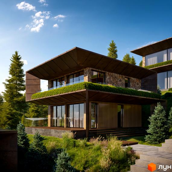 Багаторівнева будівля Monhaus з кам'яними та темними фасадами, великими вікнами та зеленими терасами, розташована на схилі пагорба серед сосен та доглянутої зелені.