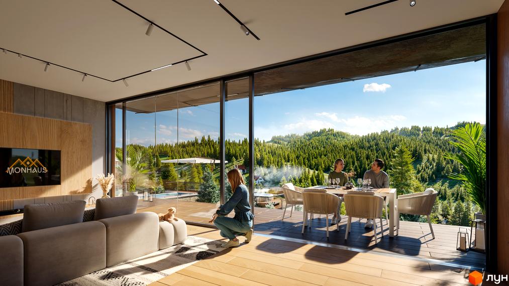 Візуалізація житлового комплексу Monhaus з панорамними вікнами та терасою, що виходить на мальовничий ліс. Простора вітальня з м'якими меблями.