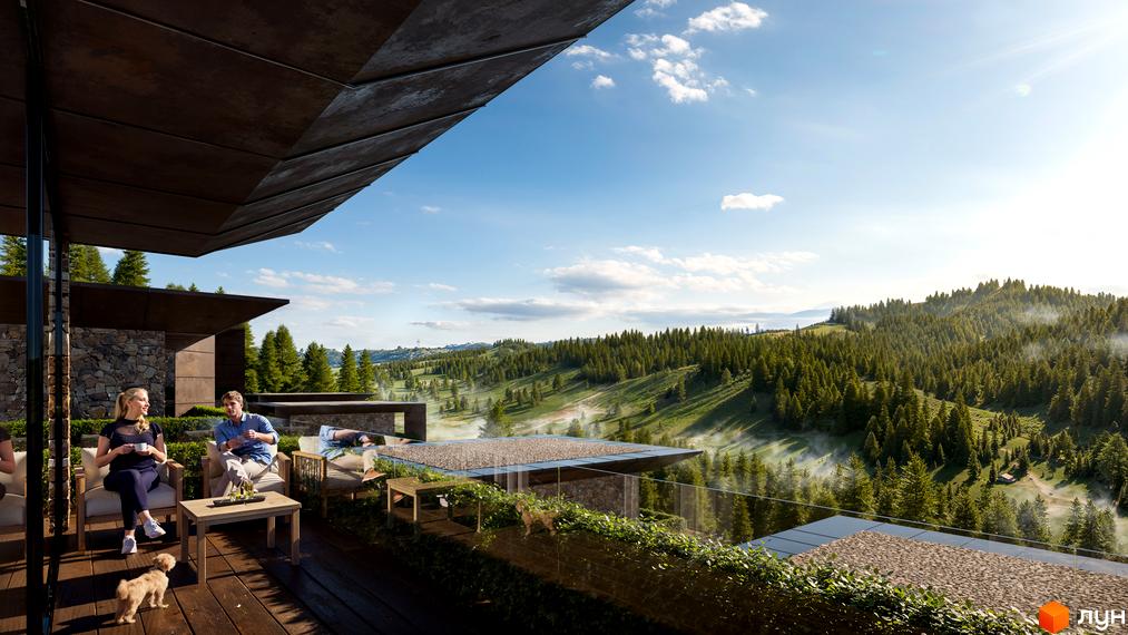 Monhaus - Будинок з терасою та панорамним видом на ліс. На терасі відпочивають люди, навколо зелень та гори.