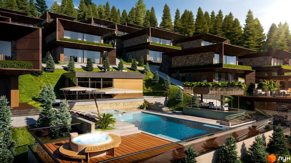 Monhaus - житловий комплекс з терасами та басейном, розташований на схилі гори. Архітектура поєднує в собі природні матеріали та панорамні вікна.