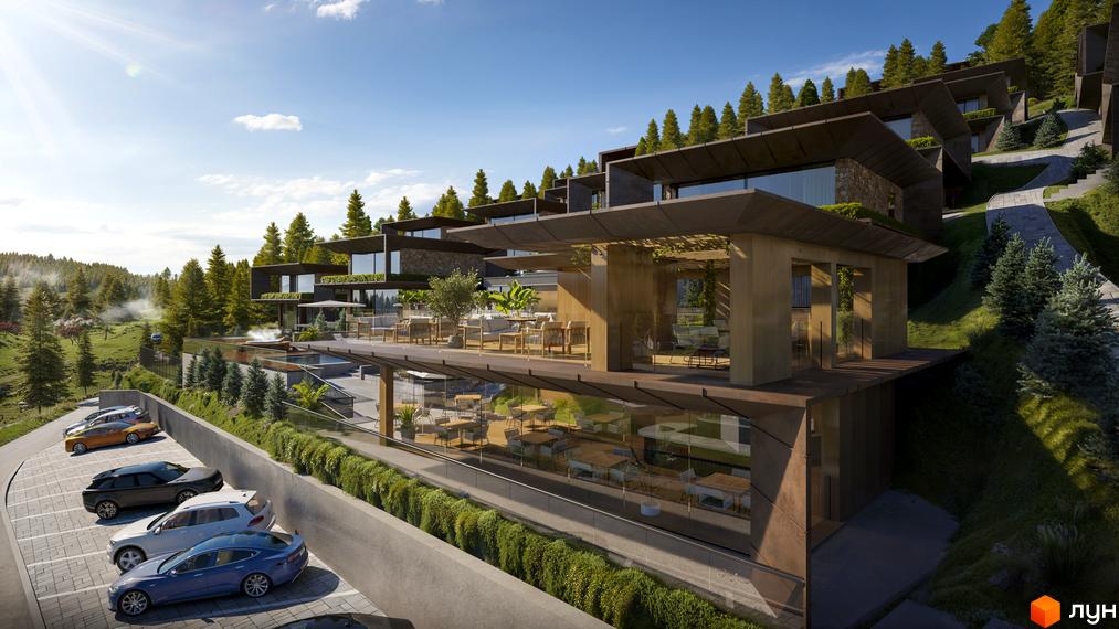 Monhaus: комплекс будинків на схилі гори з панорамними вікнами та терасами. Прибудинкова територія з басейном, зонами відпочинку та парковкою.