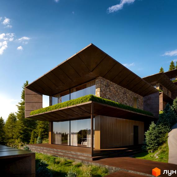 Житловий комплекс Monhaus: багаторівневий будинок з великими панорамними вікнами, кам'яними стінами, дерев'яним оздобленням та зеленими терасами, оточений лісом.
