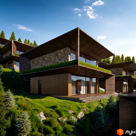 Житловий комплекс Monhaus з терасами та панорамними вікнами розташований на схилі з зеленими газонами та деревами.