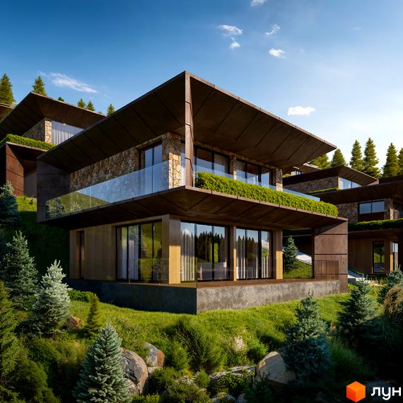 Monhaus - будинок з великими вікнами та терасами, розташований на схилі пагорба. Навколо будинку зелена трава, дерева та кущі.