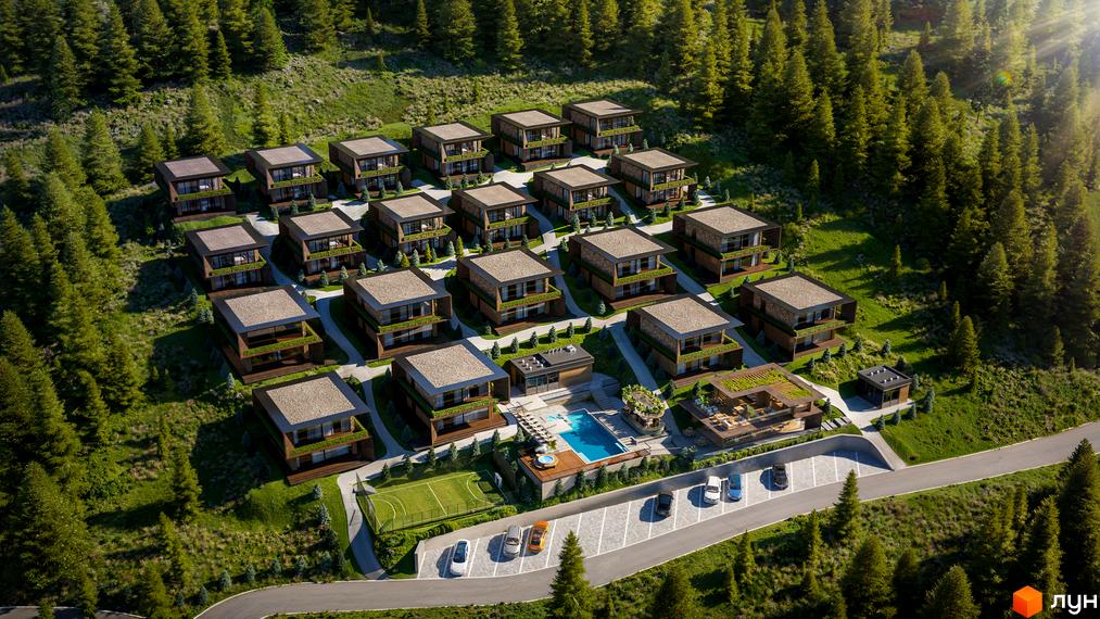 Monhaus: Котеджне містечко з багатоповерховими будинками, що мають темні фасади та світлі дахи, розташоване серед лісу. На території є басейн, спортивний майданчик та паркінг.