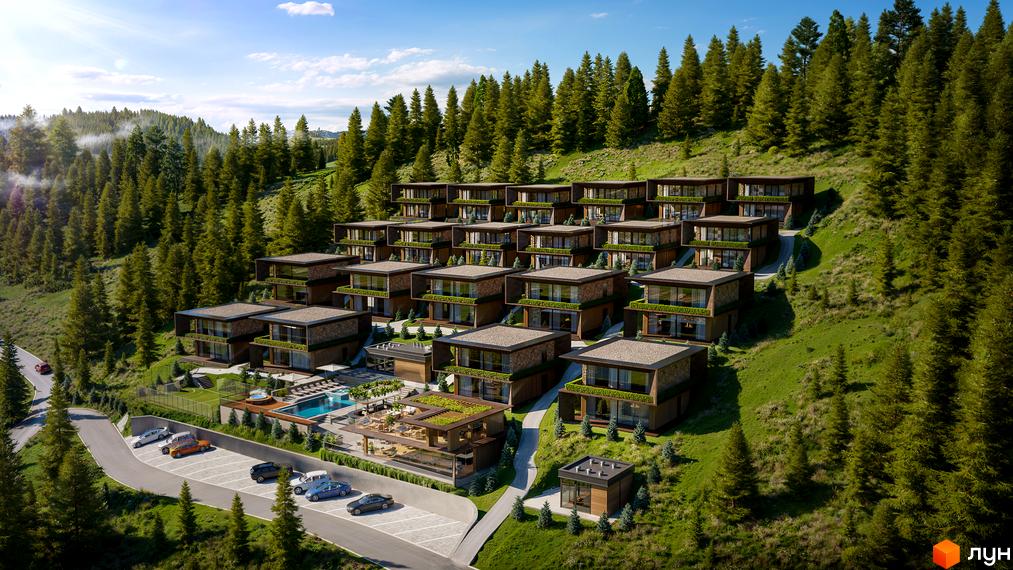 Терасований житловий комплекс Monhaus з кам'яними фасадами та великими вікнами, розташований на схилі пагорба серед лісу. На території є басейн та паркінг.