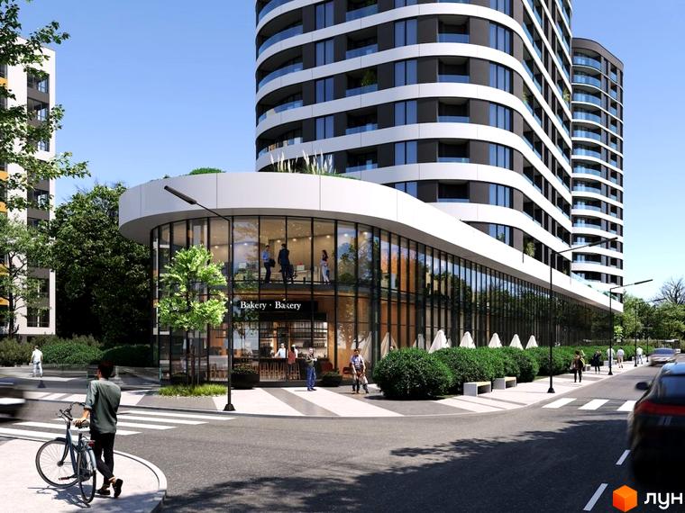 Житловий комплекс Липські вежі: багатоповерхова будівля з хвилястими фасадами та комерцією на першому поверсі. Територія має зелені насадження та пішохідні зони.