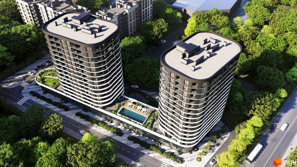 Комплекс Липські вежі: два висотні будинки темного кольору з хвилястими білими балконами. Прибудинкова територія має басейн, доріжки та багато дерев.