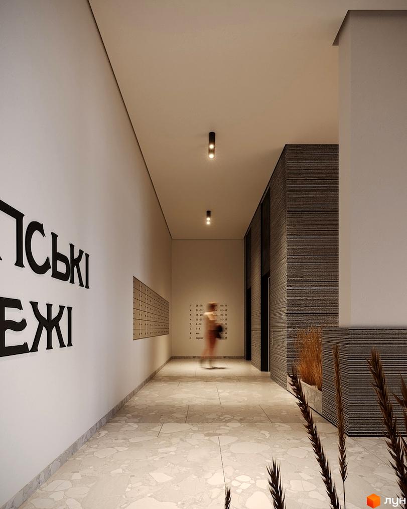 Просторий хол Житлового комплексу Липські вежі зі світлими стінами, плитковою підлогою та поштовими скриньками. Інтер'єр доповнюють темні текстуровані панелі та декоративні рослини.