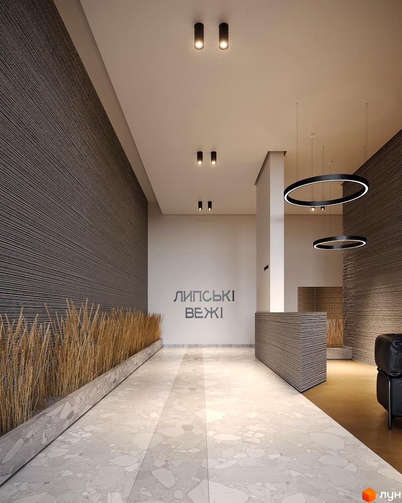 Інтер'єр лобі Новобудови Липські вежі: стіни з горизонтальною текстурою, світла підлога, декоративні злаки та підвісні світильники.