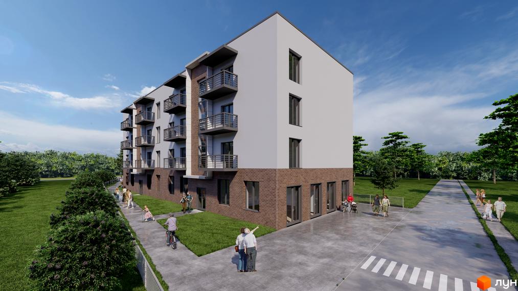 Зображення багатоповерхового будинку ЖК Галицька Сіті з балконами, цегляним цоколем та прибудинковою територією з алеями та зеленню.