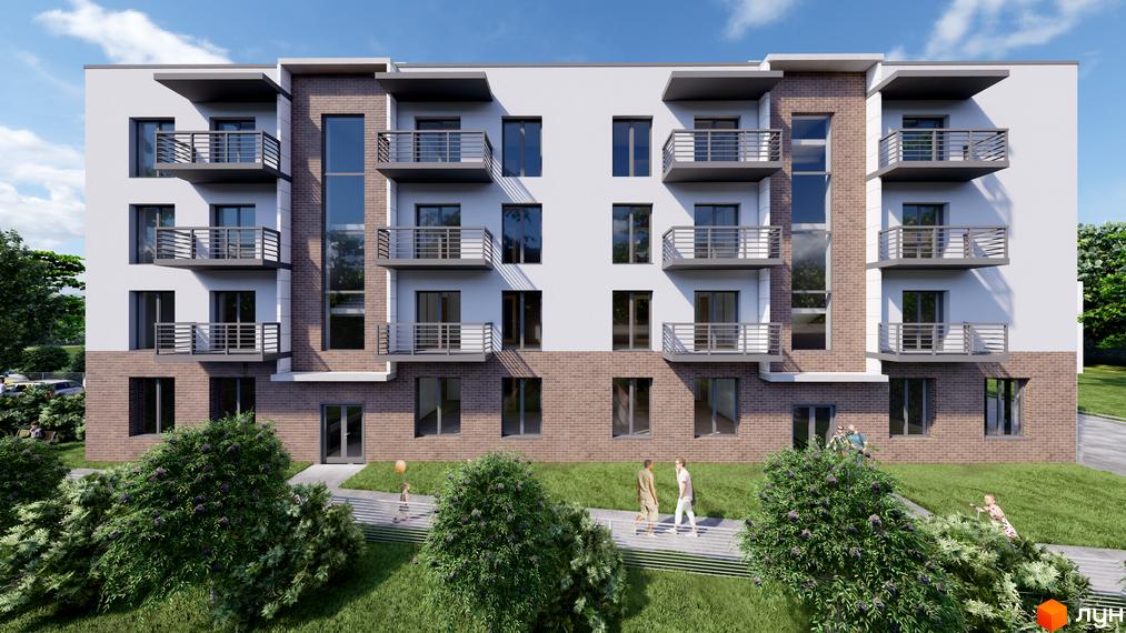 Житловий комплекс Галицька Сіті: багатоповерховий будинок з білим фасадом та цегляними вставками, обладнаний балконами. Навколо зелені насадження та пішохідні доріжки.